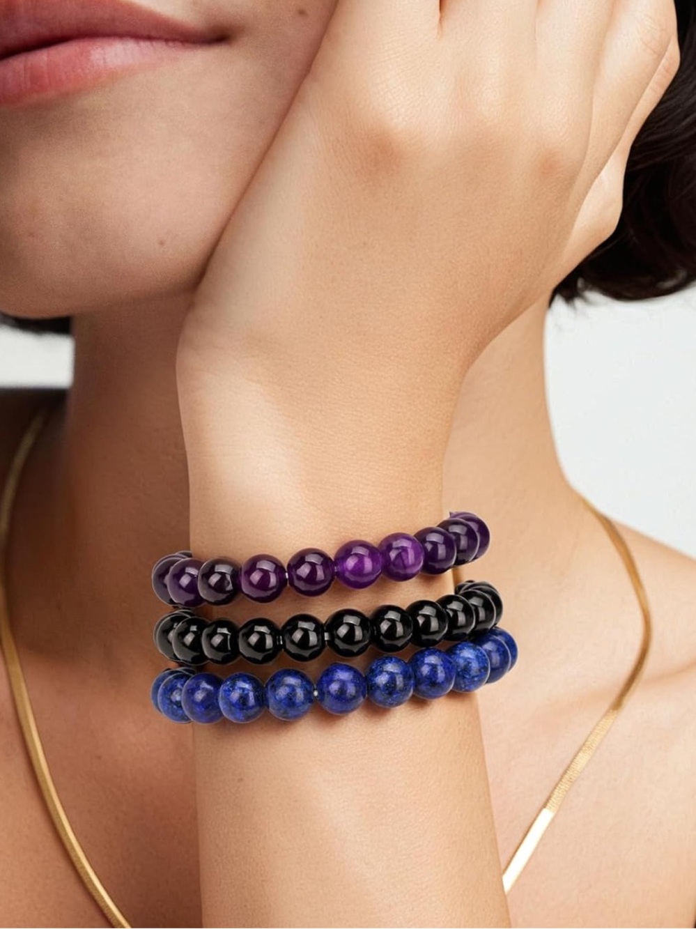 🆕New Stress Relief Gemstone Bracelet Set-Amethyst, Obsidian & Lapis Lazuli - Picture 3 of 9